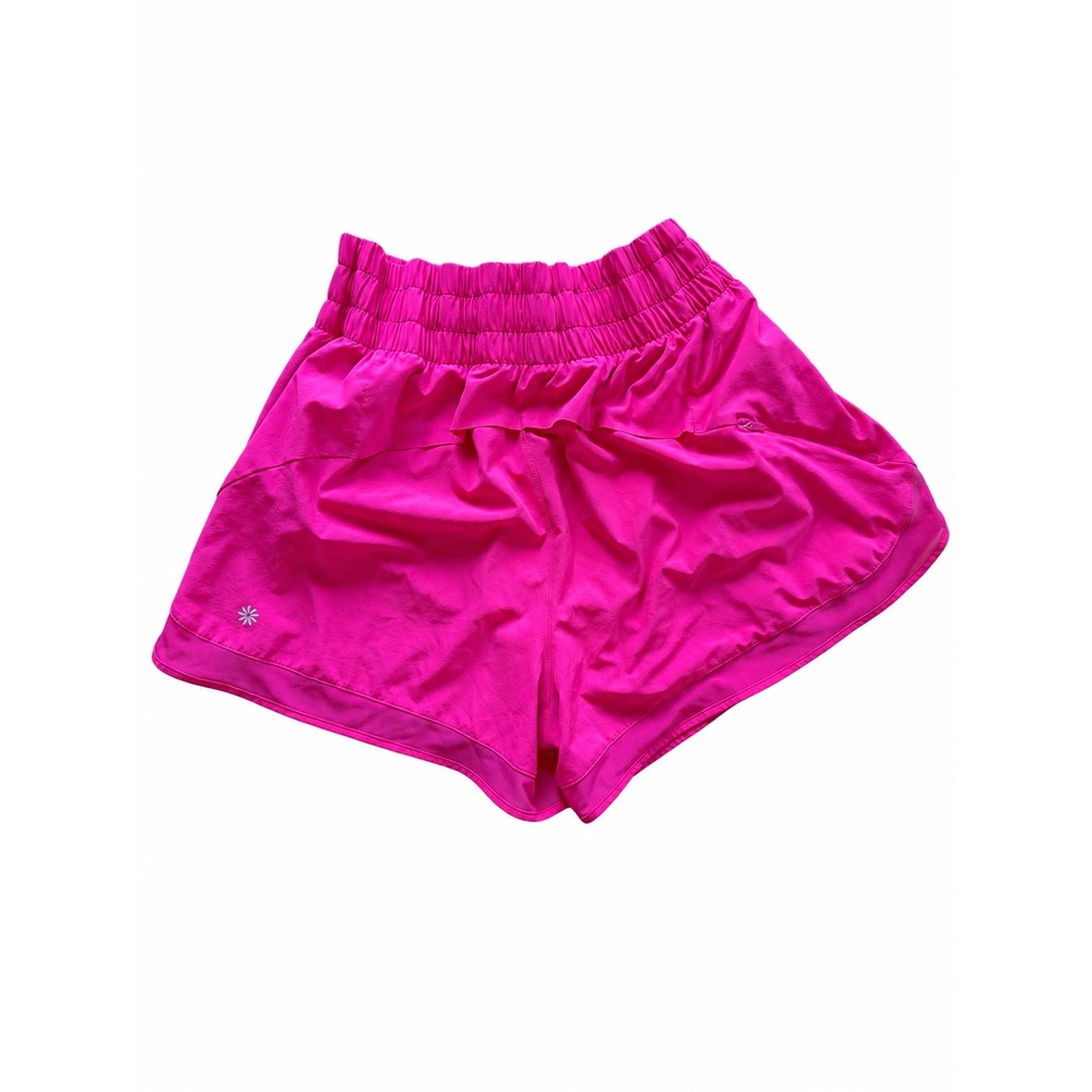 Athleta High Rise Mesh Racer Run 3 Shorts Pink Smocked Waist Womens Medium